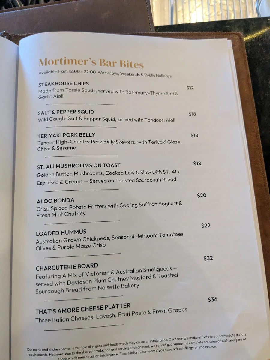 Menu, Mortimer's Bar