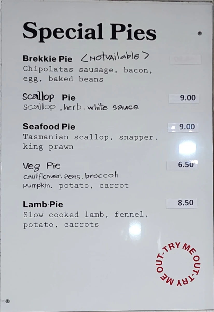 Menu, Kiama Pie Shop
