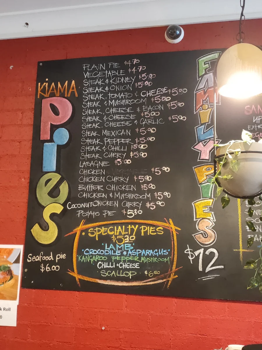 Menu, Kiama Pie Shop