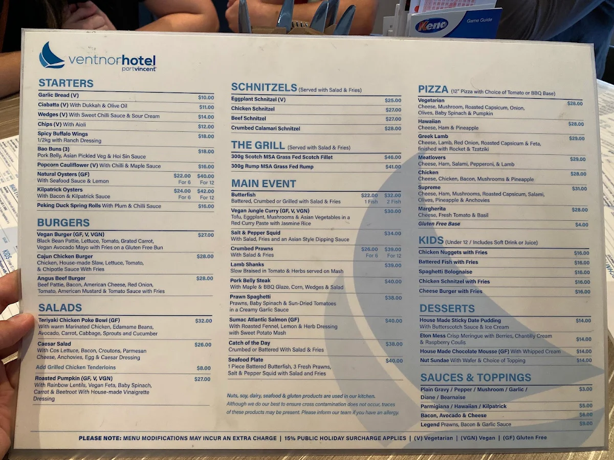 Menu, Ventnor Hotel