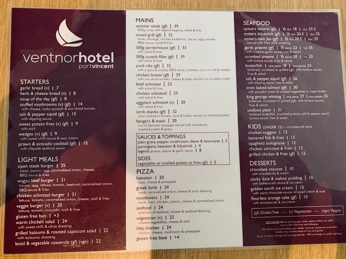 Menu, Ventnor Hotel