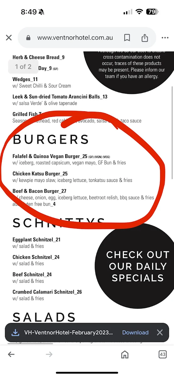 Menu, Ventnor Hotel
