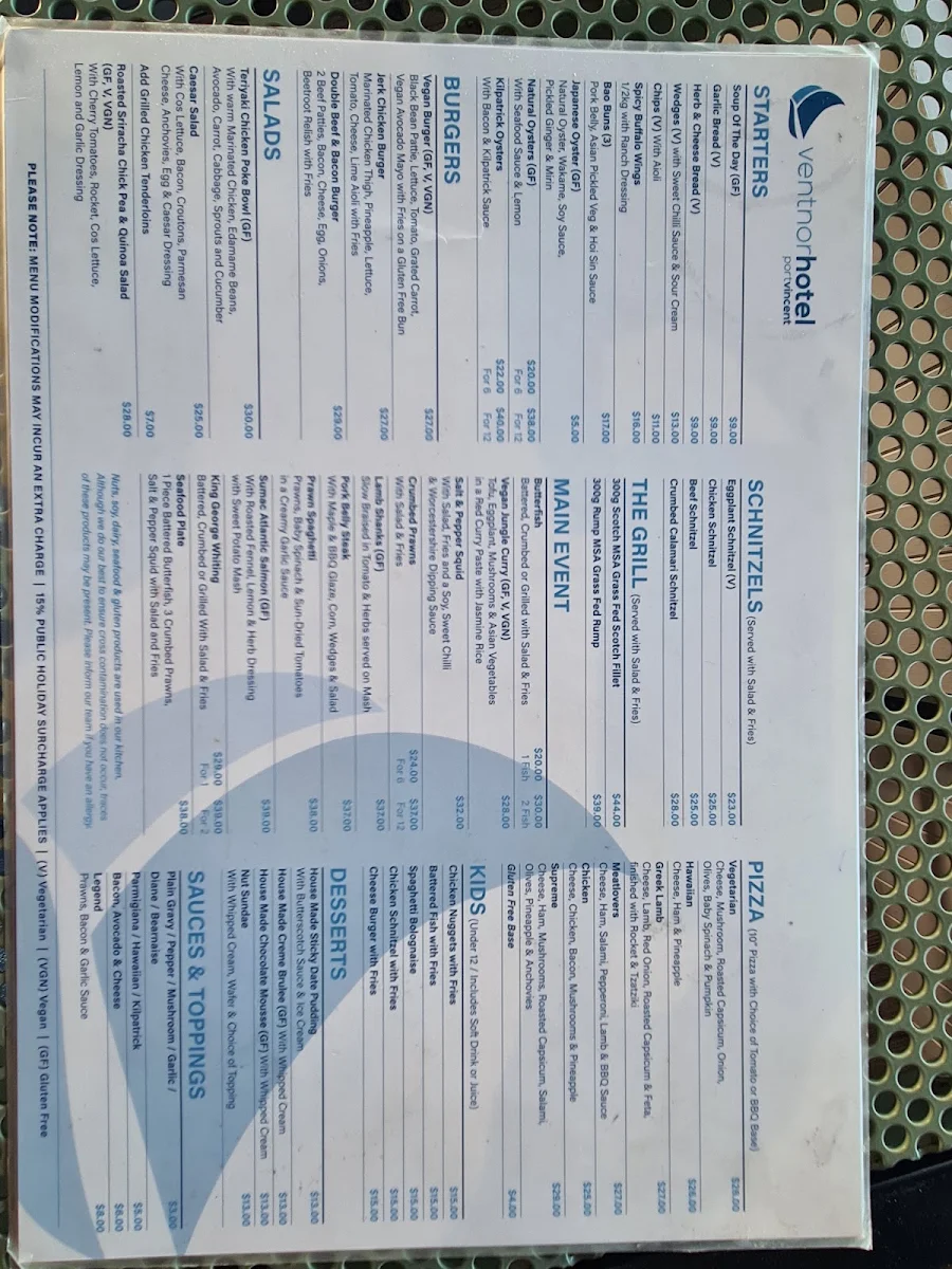 Menu, Ventnor Hotel