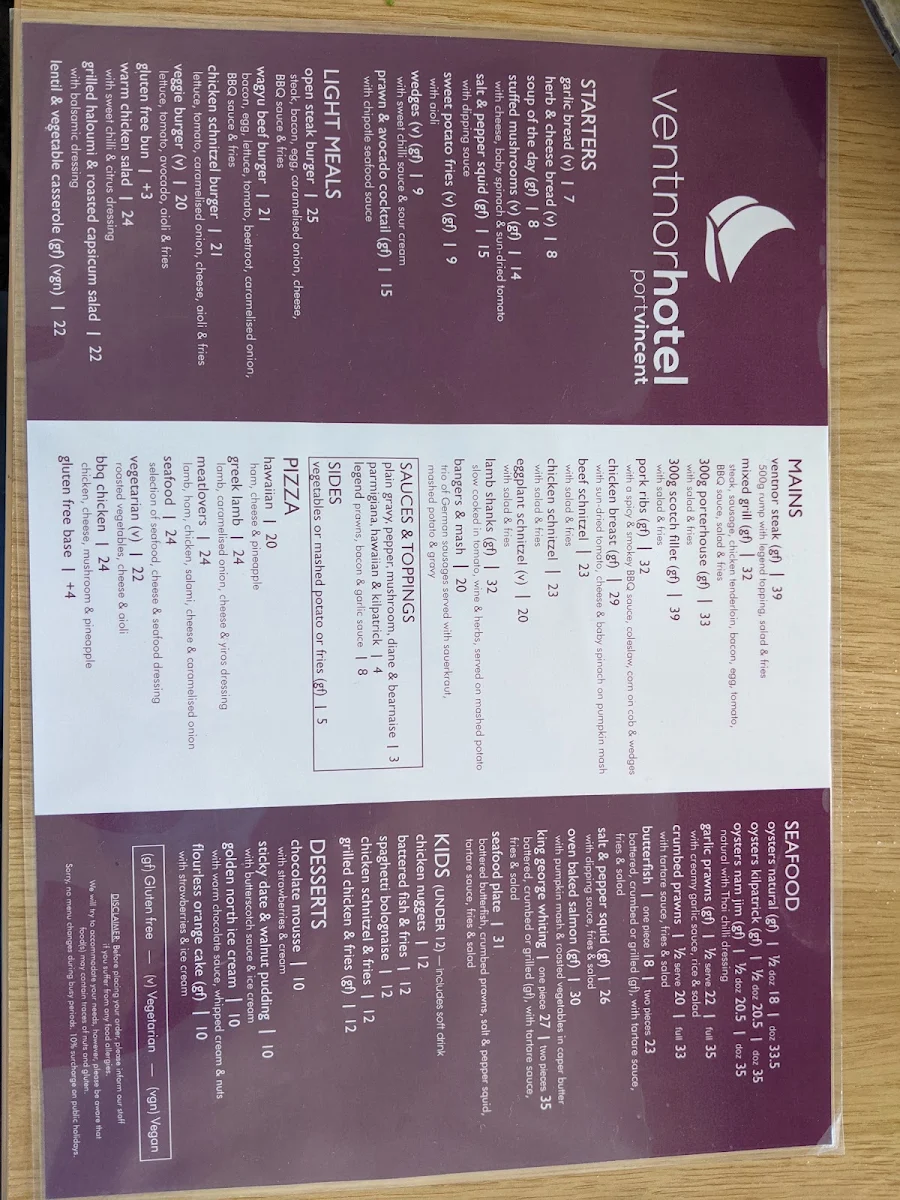 Menu, Ventnor Hotel