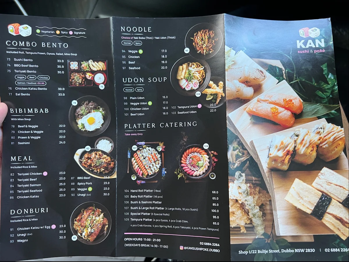 Menu, Kan Sushi & Poke Dubbo