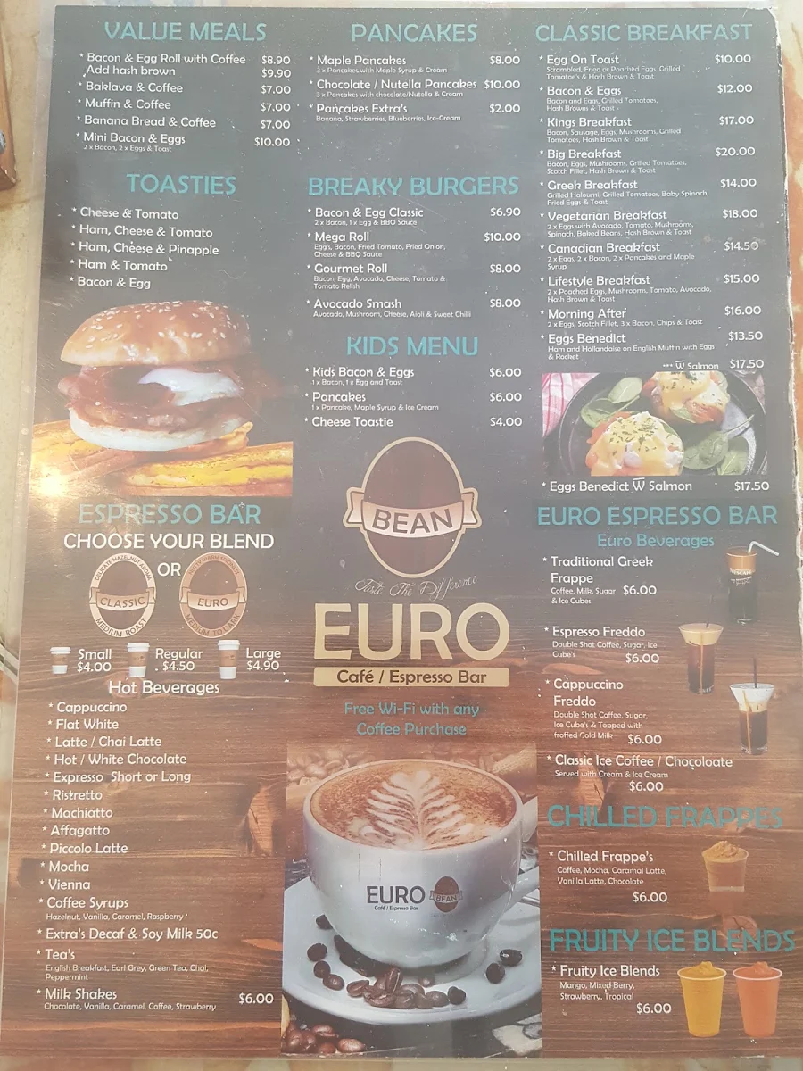 Menu, Euro Bean Cafe & Bar