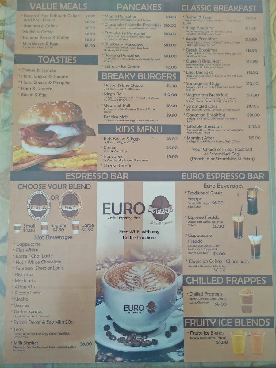 Menu, Euro Bean Cafe & Bar