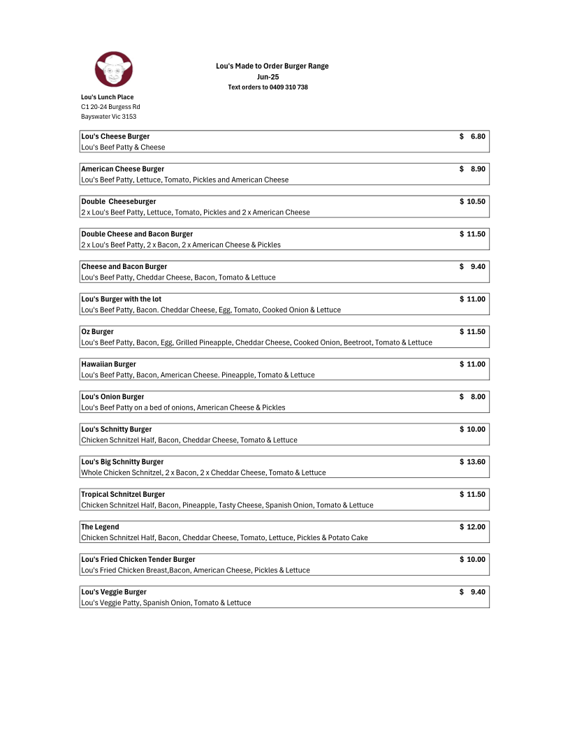 Menu, Lou's Lunch Place