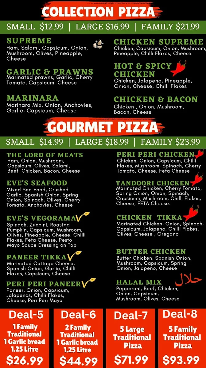 Menu, Eve's Pizzeria (HALAL)