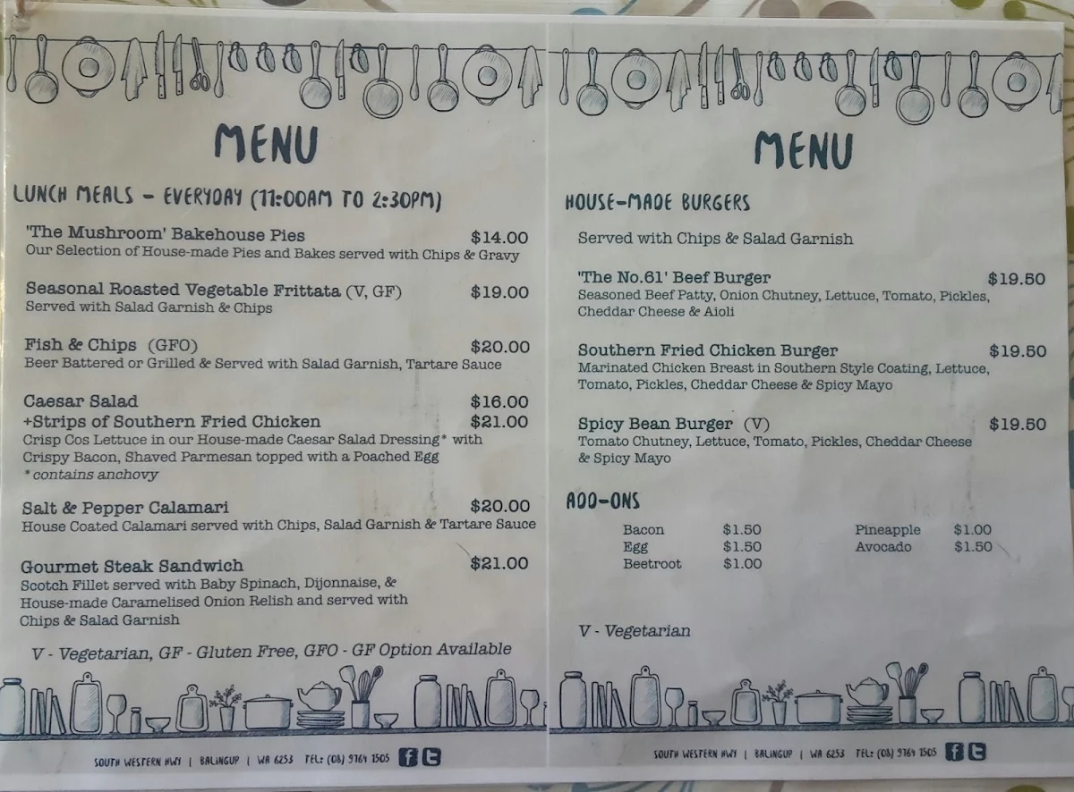 Menu, The Mushroom At No.61 Cafe