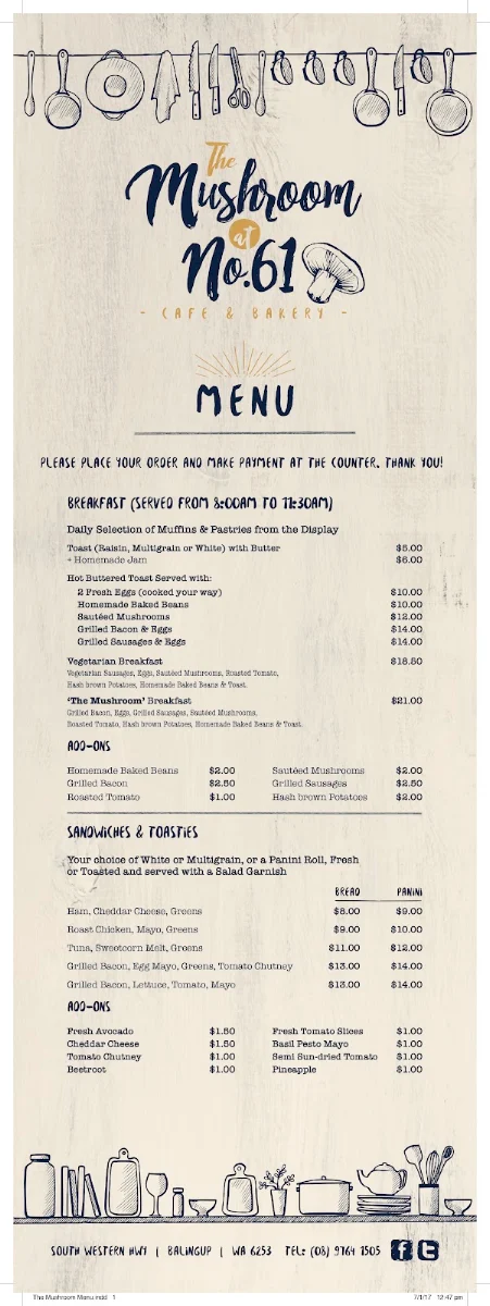 Menu, The Mushroom At No.61 Cafe