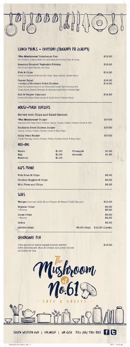 Menu, The Mushroom At No.61 Cafe