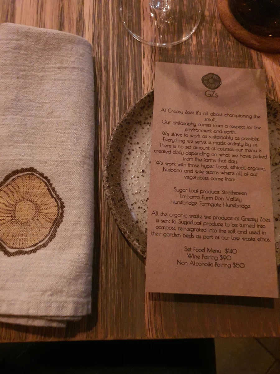 Menu, Greasy Zoes