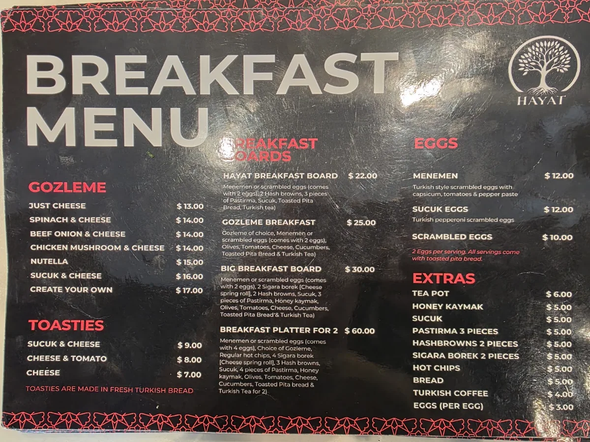 Menu, Hayat Turkish Cuisine