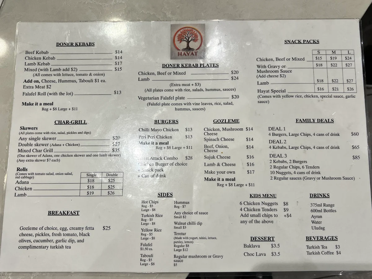 Menu, Hayat Turkish Cuisine