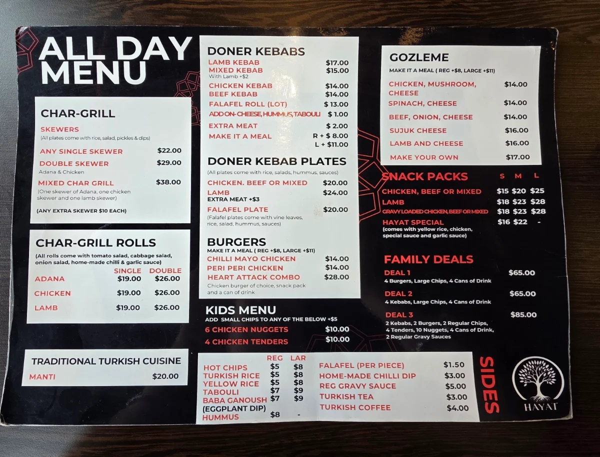Menu, Hayat Turkish Cuisine