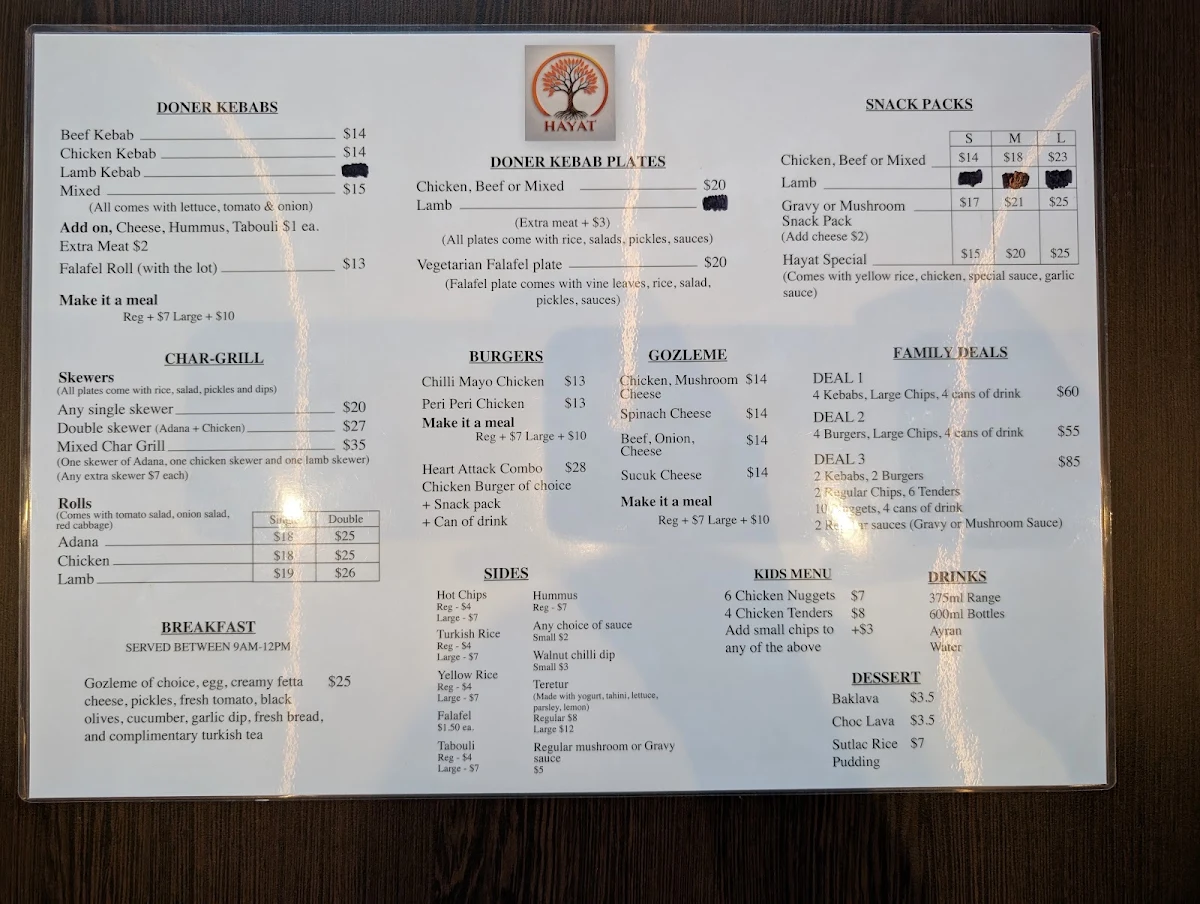 Menu, Hayat Turkish Cuisine