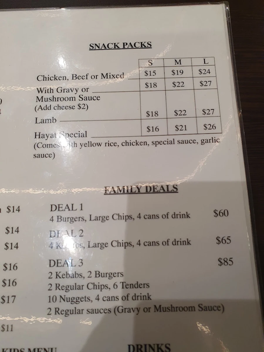 Menu, Hayat Turkish Cuisine
