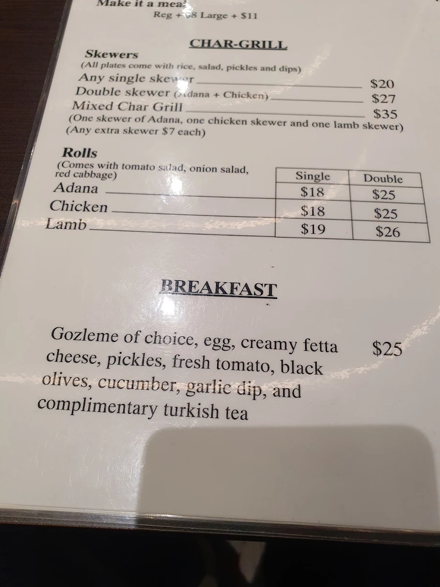 Menu, Hayat Turkish Cuisine