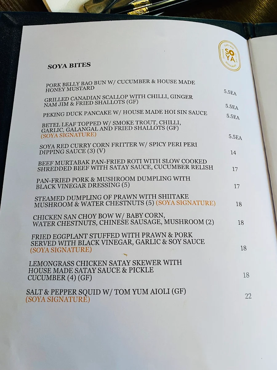 Menu, Soya Cafe Bar and Restaurant