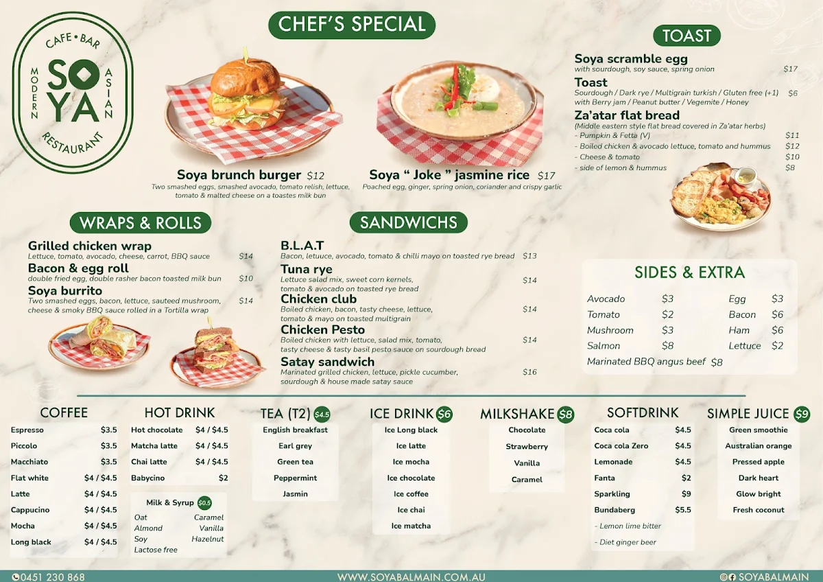 Menu, Soya Cafe Bar and Restaurant