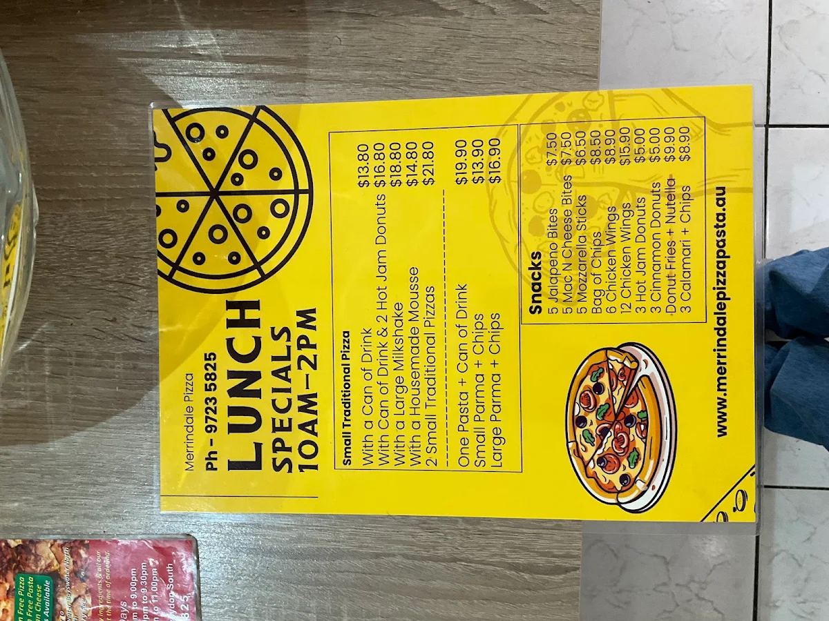 Menu, Merrindale Pizza & Pasta