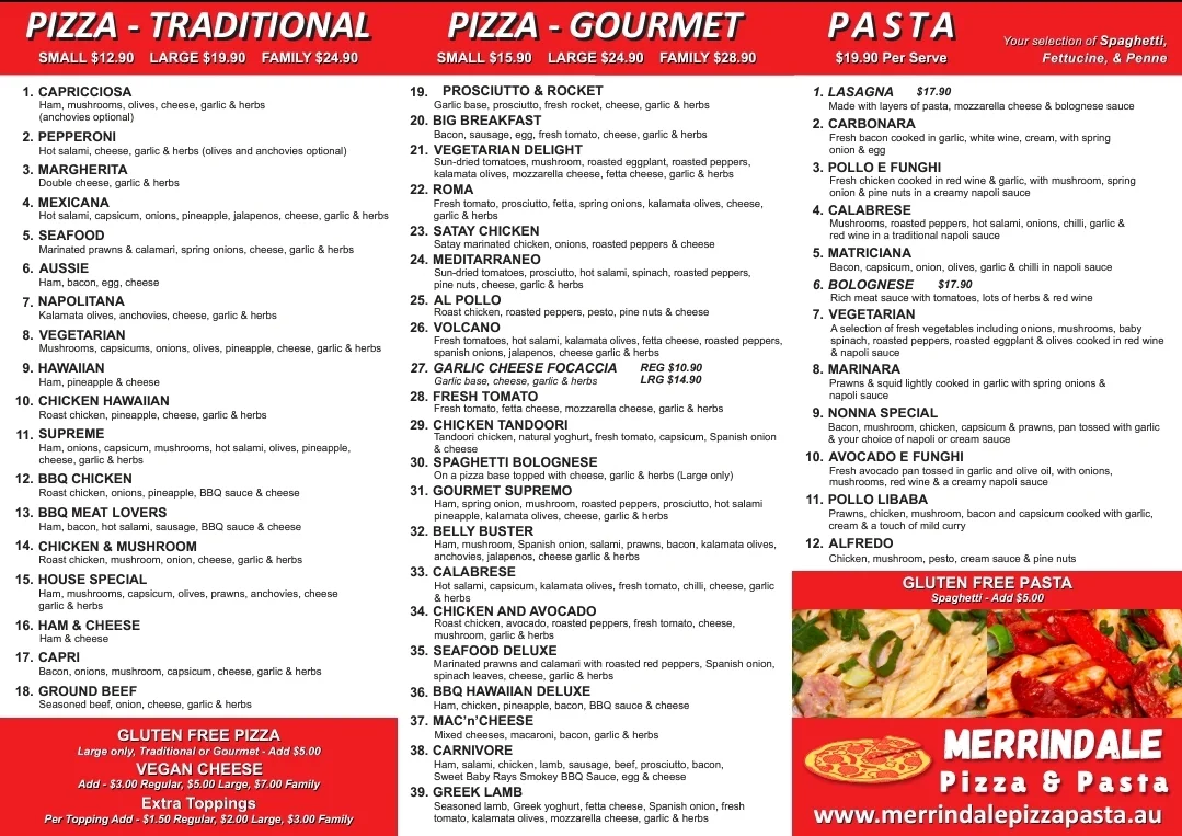 Menu, Merrindale Pizza & Pasta