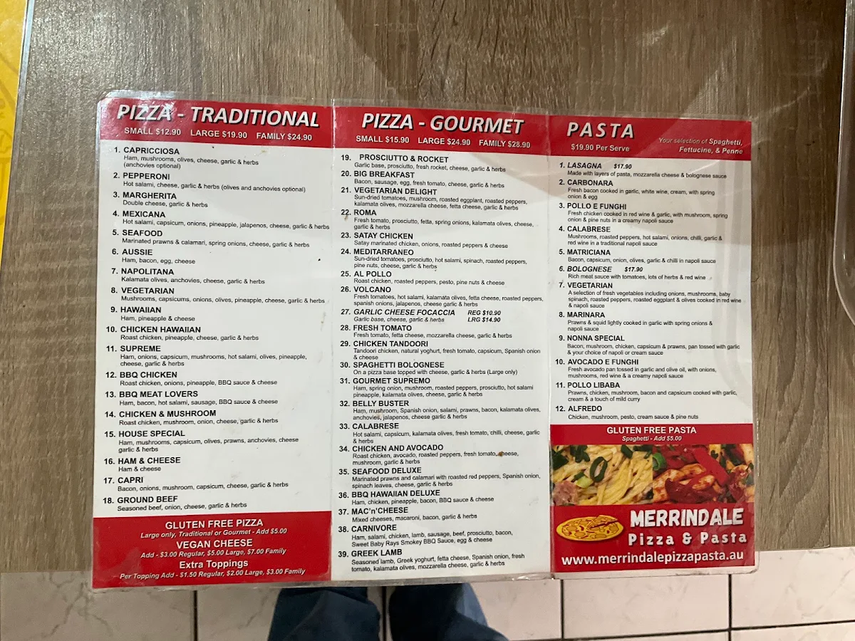 Menu, Merrindale Pizza & Pasta