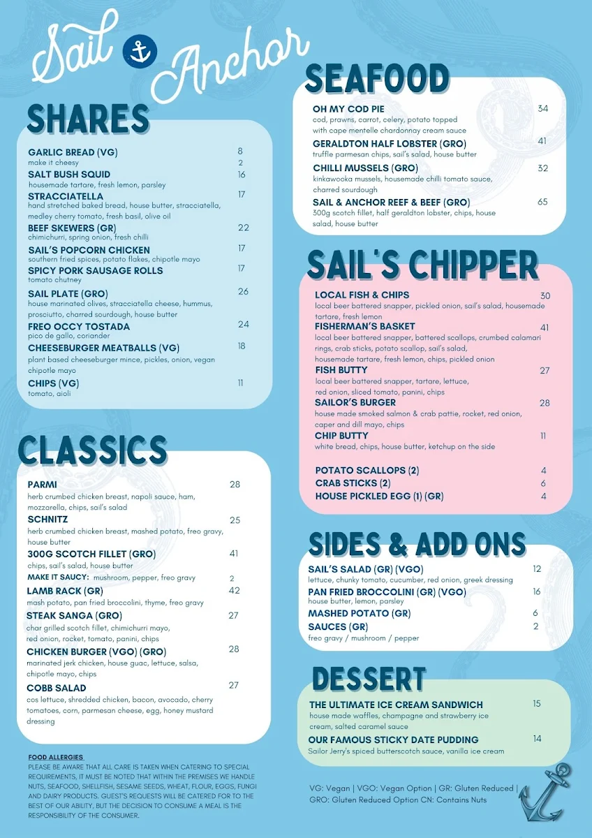 Menu, Sail and Anchor