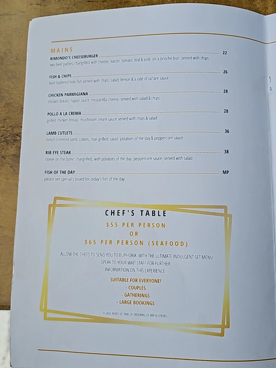 Menu, Rimondo's on the River
