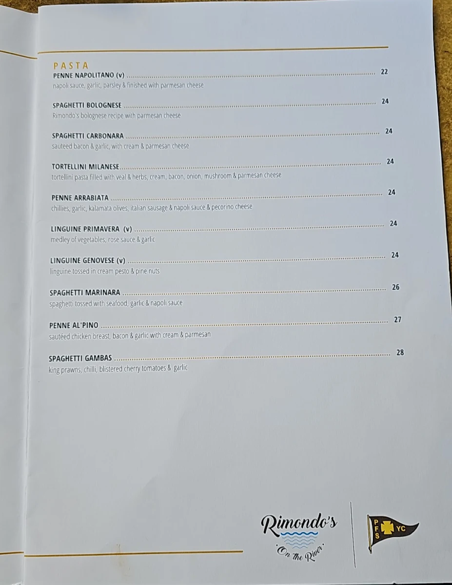 Menu, Rimondo's on the River