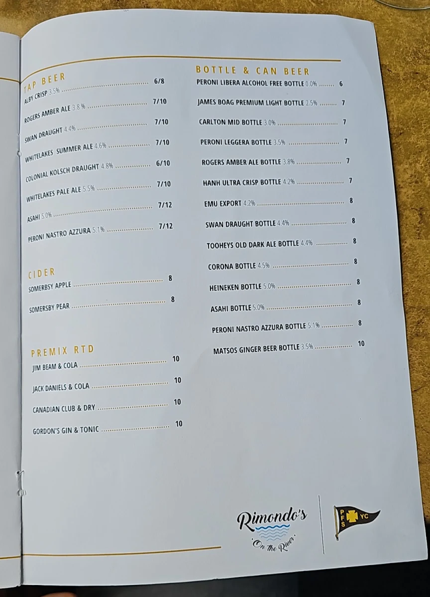 Menu, Rimondo's on the River