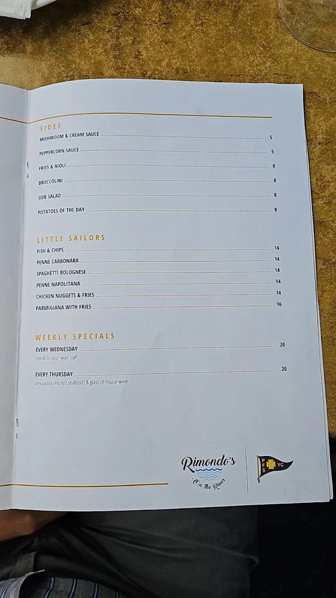 Menu, Rimondo's on the River