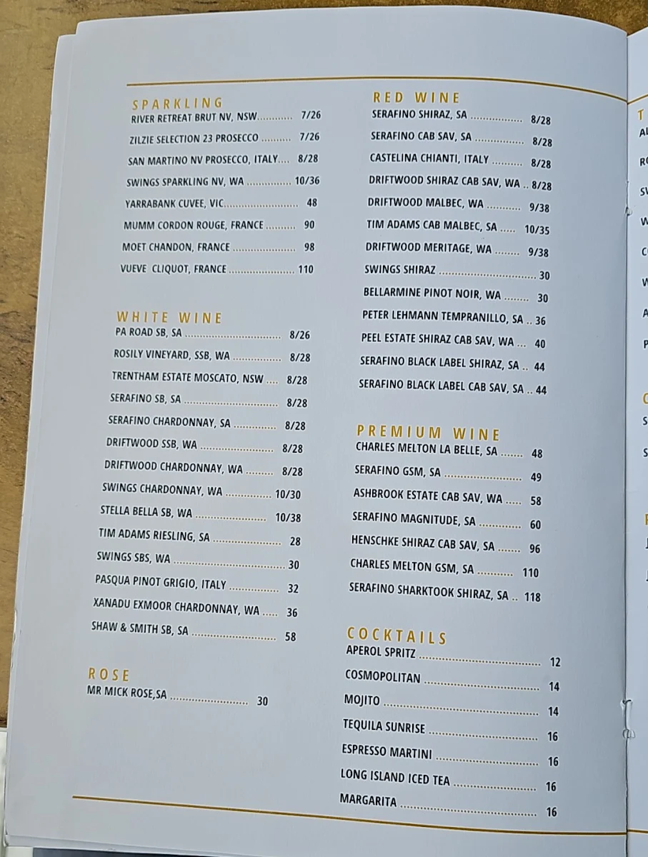 Menu, Rimondo's on the River