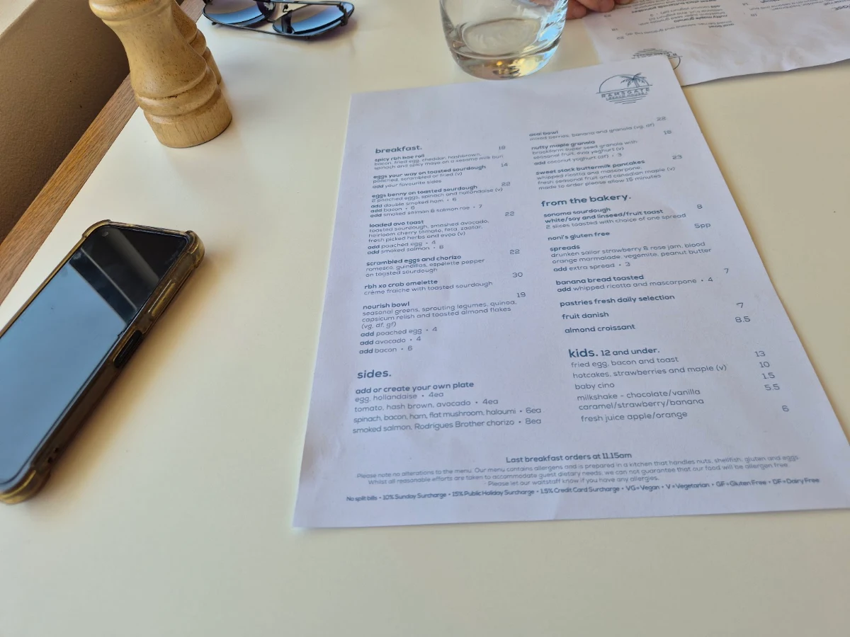 Menu, Ramsgate Beach House