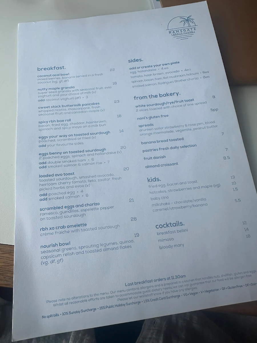 Menu, Ramsgate Beach House