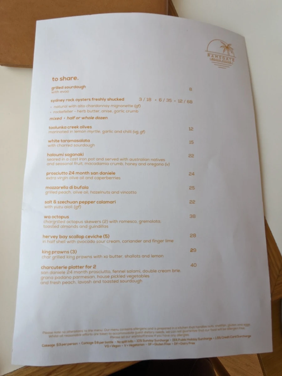 Menu, Ramsgate Beach House