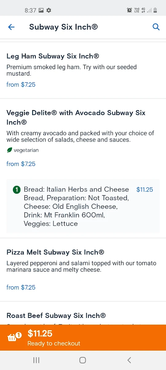 Menu, Subway