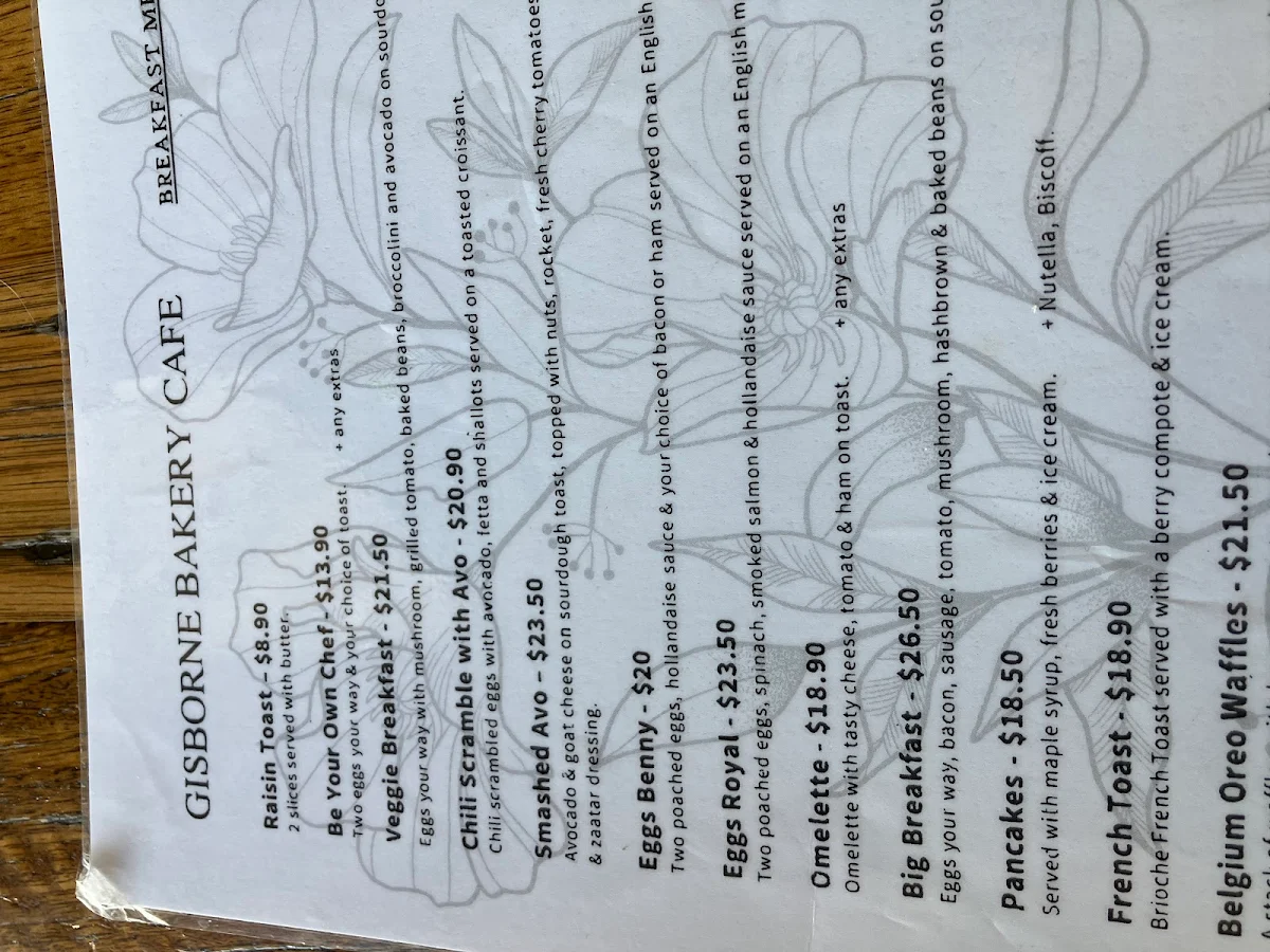 Menu, Gisborne BAKERY + CAFE