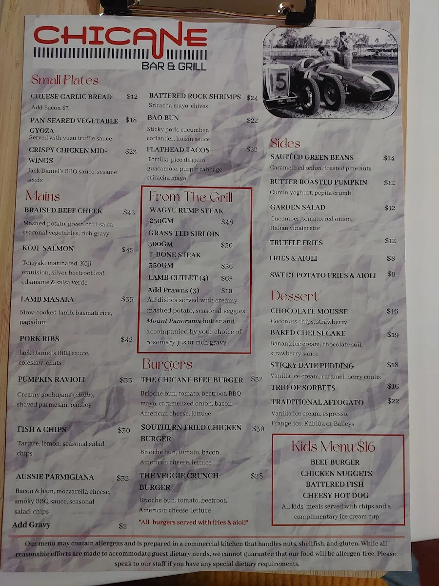 Menu, Chicane Bar & Grill
