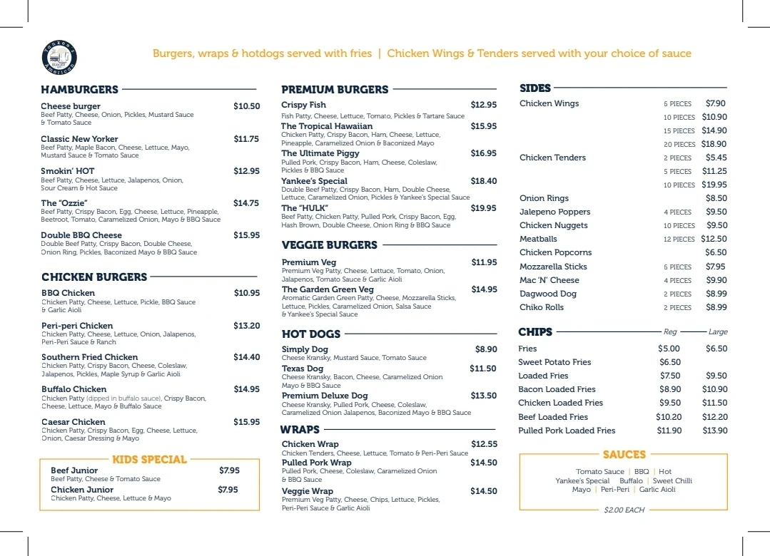 Menu, Yankee's Burger Bar - CBD