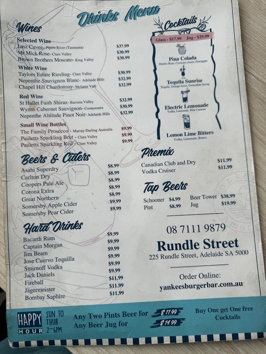 Menu, Yankee's Burger Bar - CBD