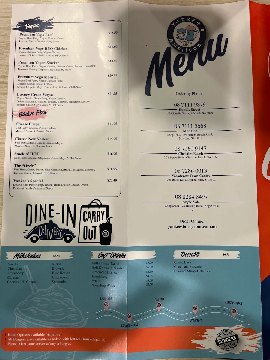 Menu, Yankee's Burger Bar - CBD