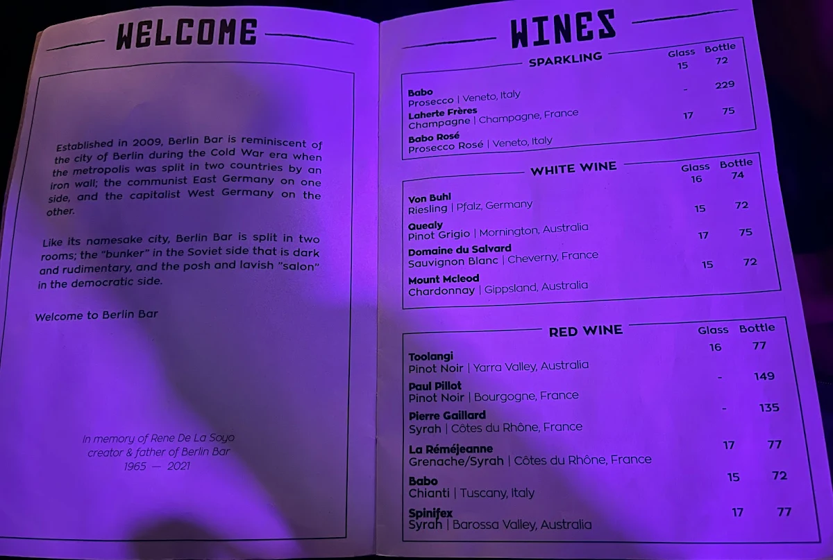 Menu, Berlin Bar