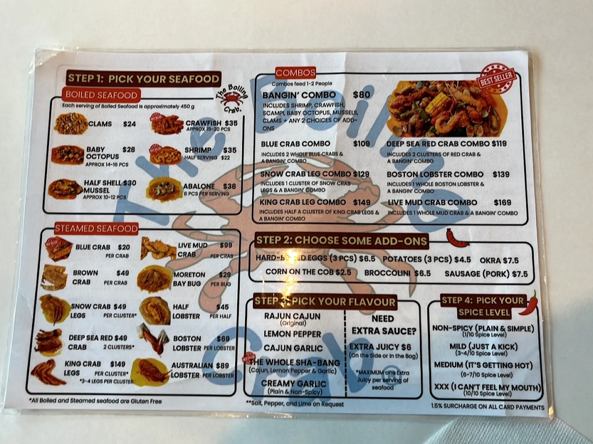 Menu, The Boiling Crab | Glen Waverley