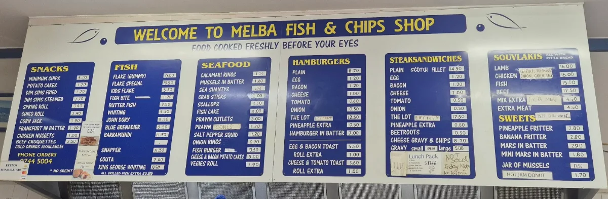 Menu, Melba Fish & Chip Shop