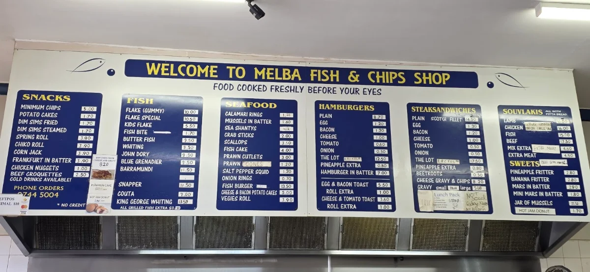 Menu, Melba Fish & Chip Shop