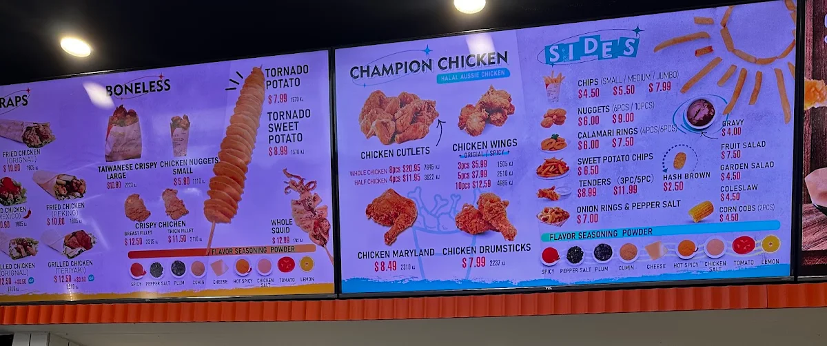 Menu, Champion Chicken and Tea