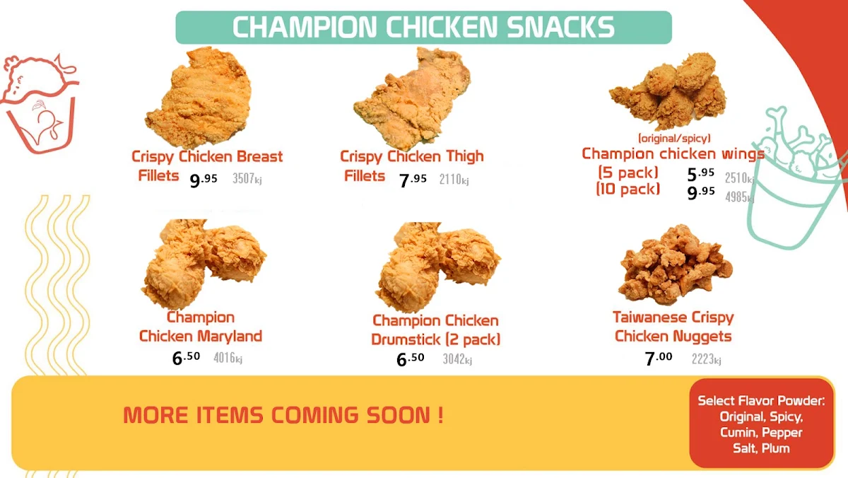 Menu, Champion Chicken and Tea