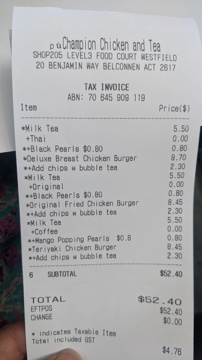Menu, Champion Chicken and Tea